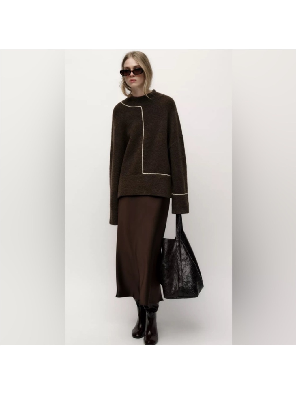 Zara Knit Brown Knit Contrasting Piping Sweater Sz Xs